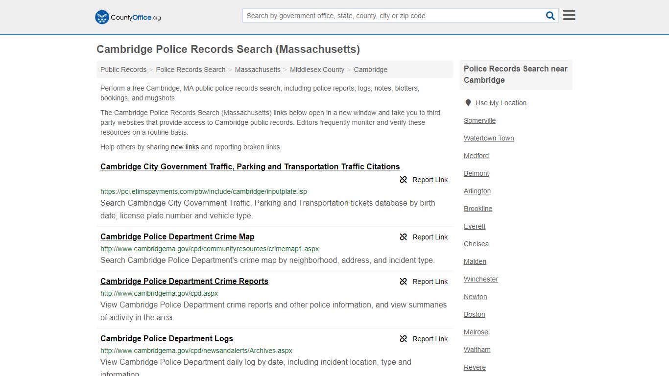 Cambridge Police Records Search (Massachusetts) - County Office