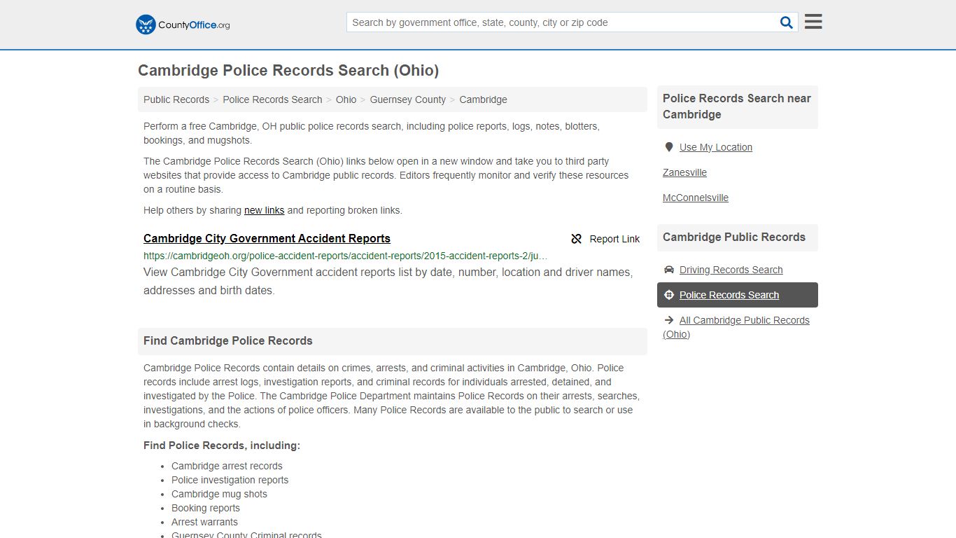 Cambridge Police Records Search (Ohio) - County Office