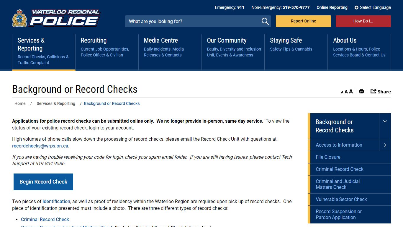 Background or Record Checks - Waterloo Regional Police Service - WRPS